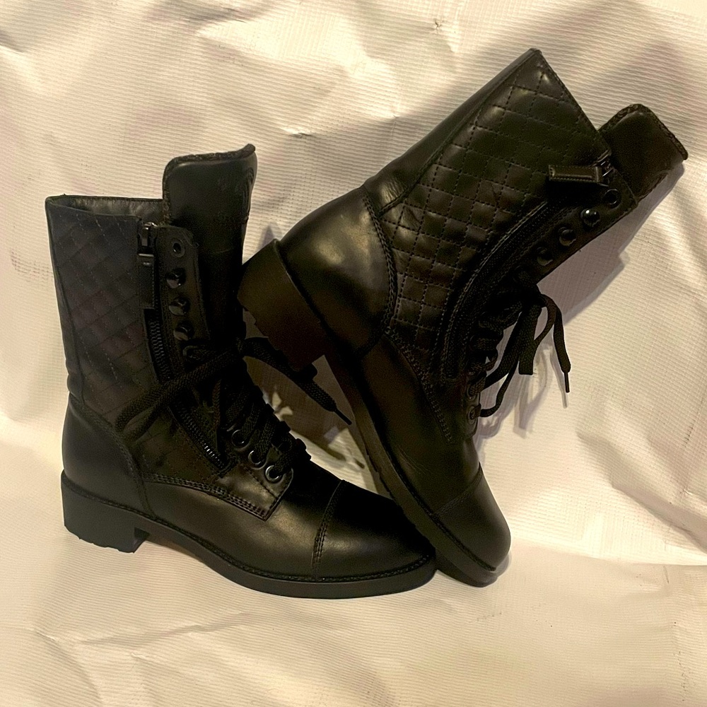 CHANEL Black 7.5 Lace Up Combat Boots